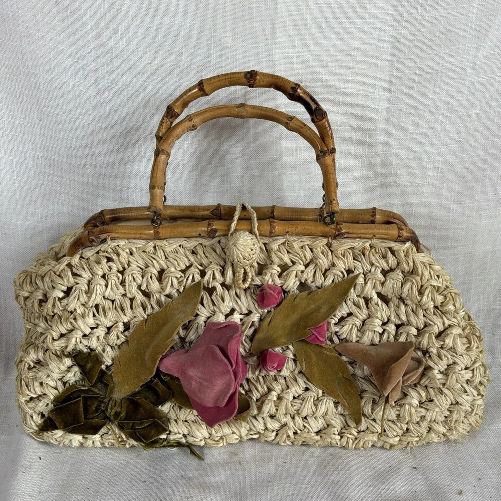 VTG 1950s Purse Velvet Flowers Bamboo Handles Rose Marie Johnson Handbag